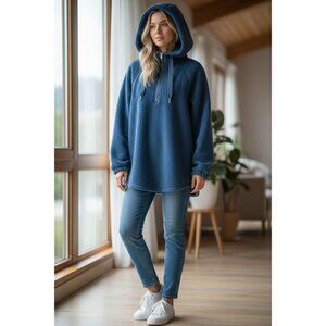 Loft Womens Size M Blue Sherpa Hoodie Zip Front Drawstrings Cozy Winter Wear